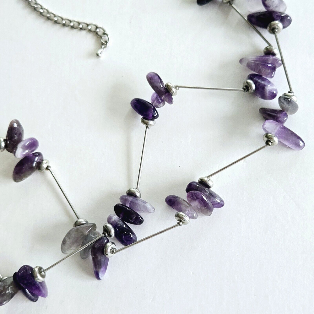 Amethyst Necklace Purple Stone Silvertone Statement Modern Brutalist Maximalist - Picture 2 of 10